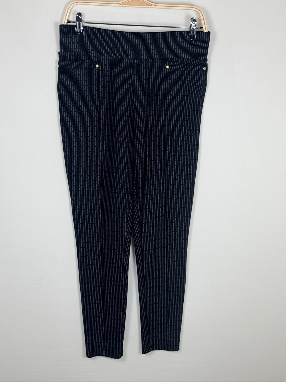 Lark & Grey Petite Pull On Slim Pants Navy Dash Print Stretch Workwear PL